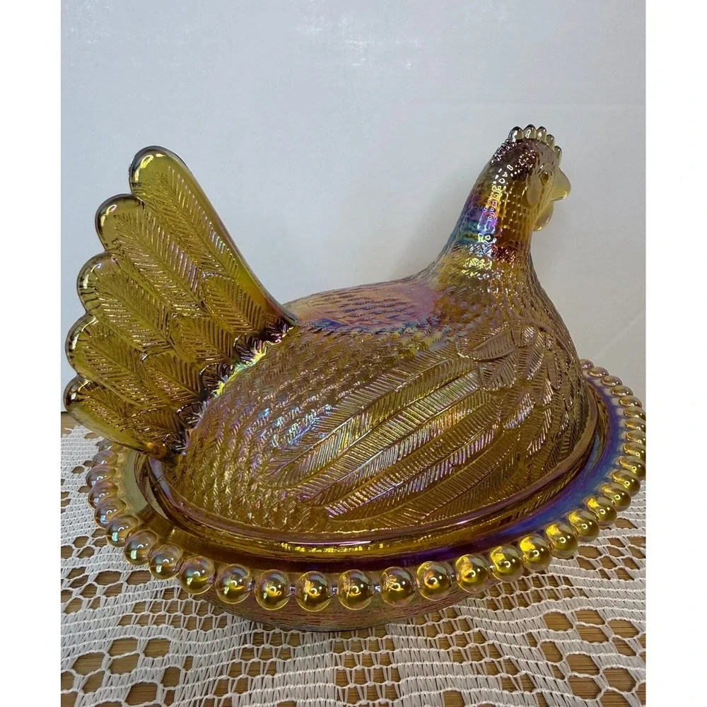 Vintage Indiana Amber Carnival Glass Hen On Nest Iridescent 7
